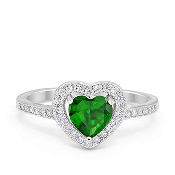 Halo Dazzling Heart Promise Ring Simulated Green Emerald CZ 925 Sterling Silver